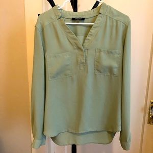 Nine West Sage Green V Neck Long Sleeve Blouse with Pockets & Gold Cuff Buttons